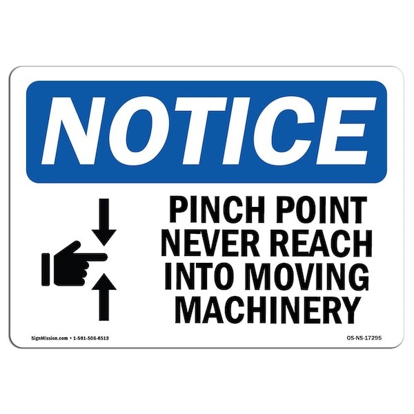 OSHA Sign, Pinch Point Never Reach Into W/, 5in X 3.5in Decal, 10PK, 3.5" W, 5" L, Landscape, PK10